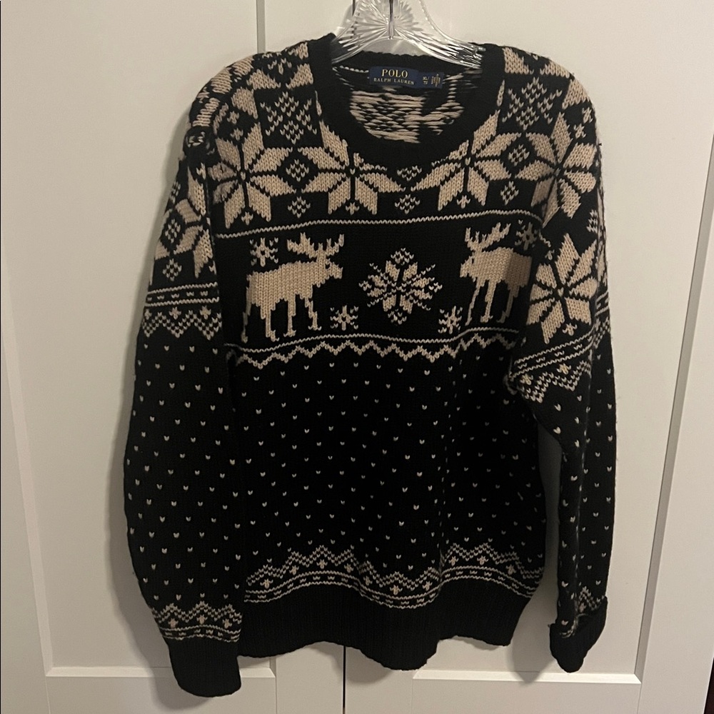 Polo Ralph Lauren Reindeer Nordic Moose Snowflake Wool Sweater Black RARE!